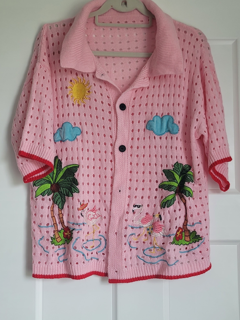 Pink Embroidered Tropical Knit Button-Up Top